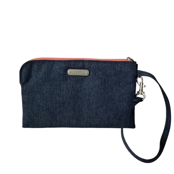 🏵️ baggallini Wristlet Zipper Closure Blue Orange Trim RFID Protected NWOT - Picture 1 of 3